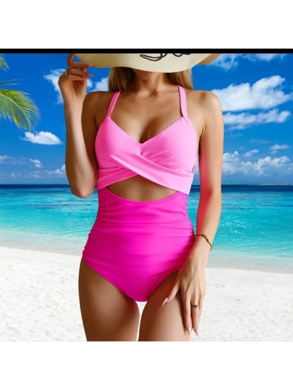 WOMEN'S ONE PIECE LARGE BIKINI CUTOUT SEXY PADDED PINK SWIMMSUIT LARGE